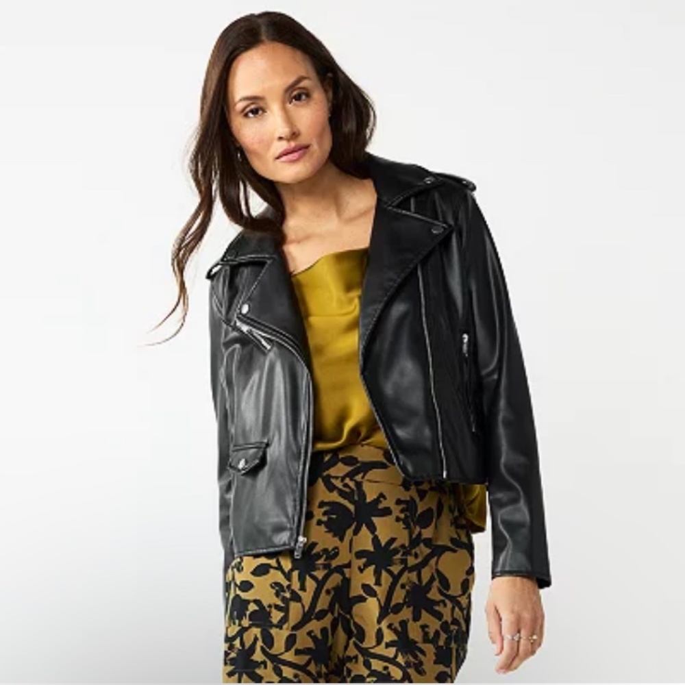 Women's Nine West Black Faux Leather Moto Jacket Size Large